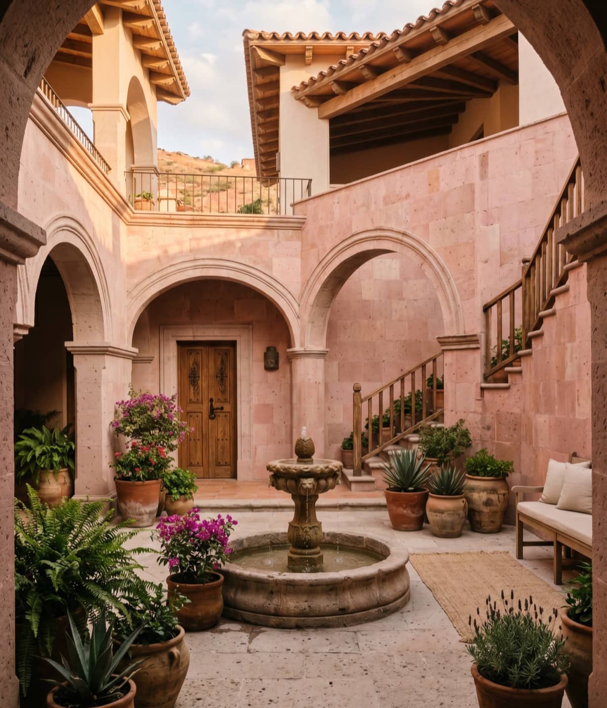 Arquitectura cálida de patio interior con luz y piedra al estilo de San Miguel de Allende