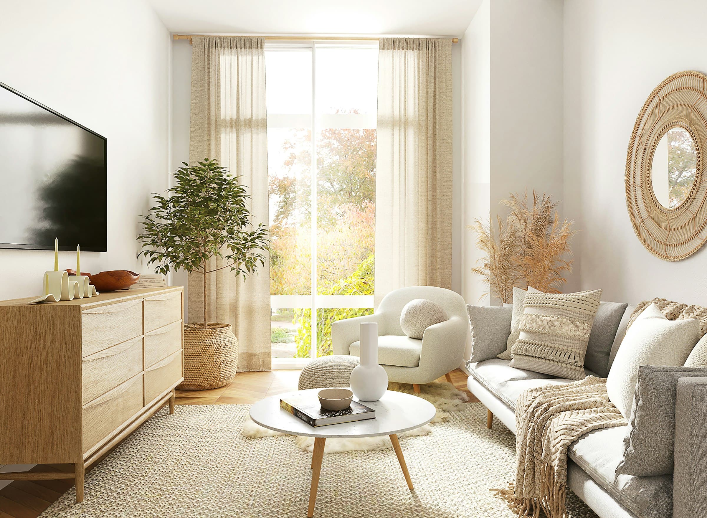 Un salón minimalista y acogedor con luz natural, plantas y un ambiente sereno