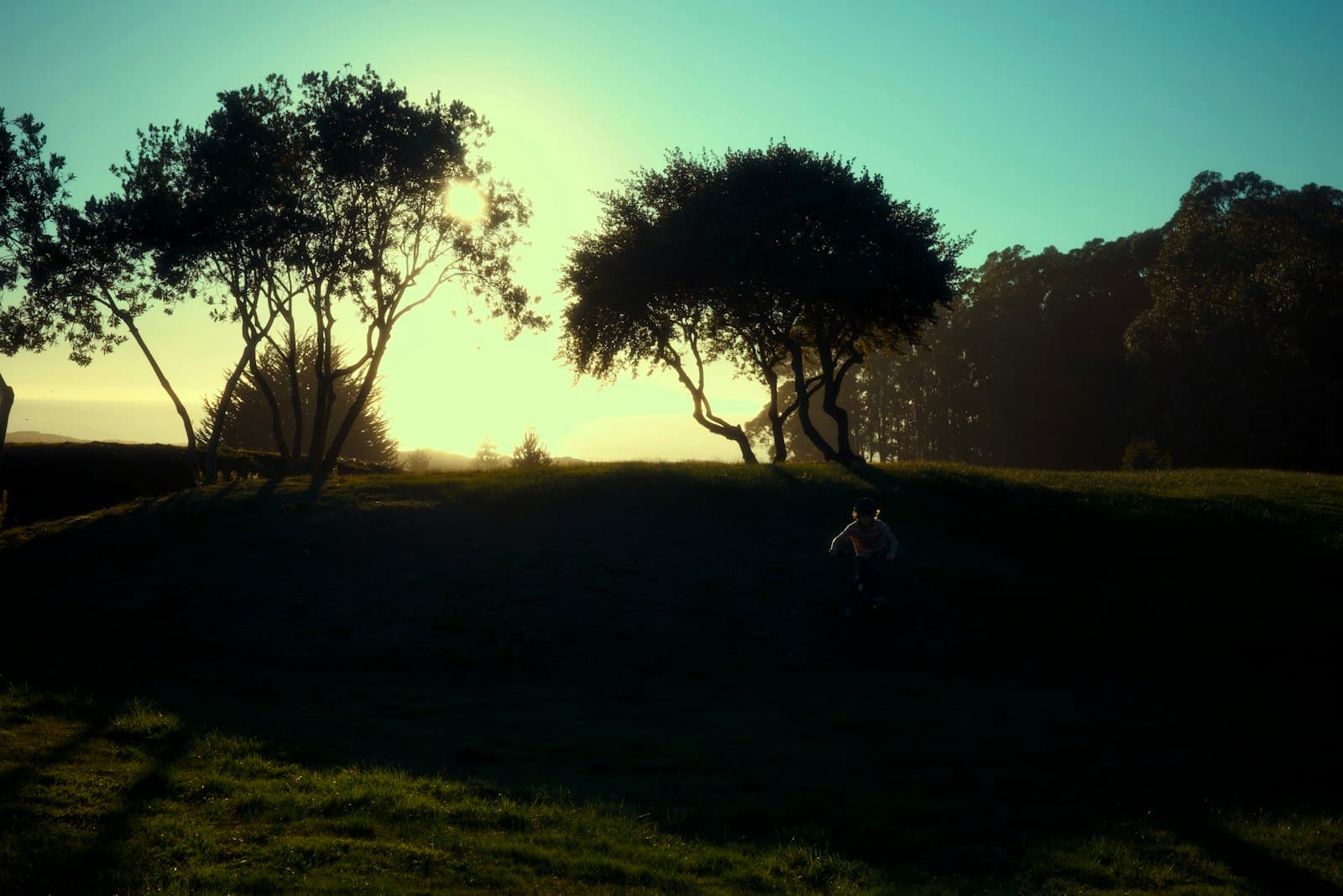 Una mujer practicando yoga al aire libre, con el sol amaneciendo sobre un paisaje montañoso brumoso, irradiando serenidad.