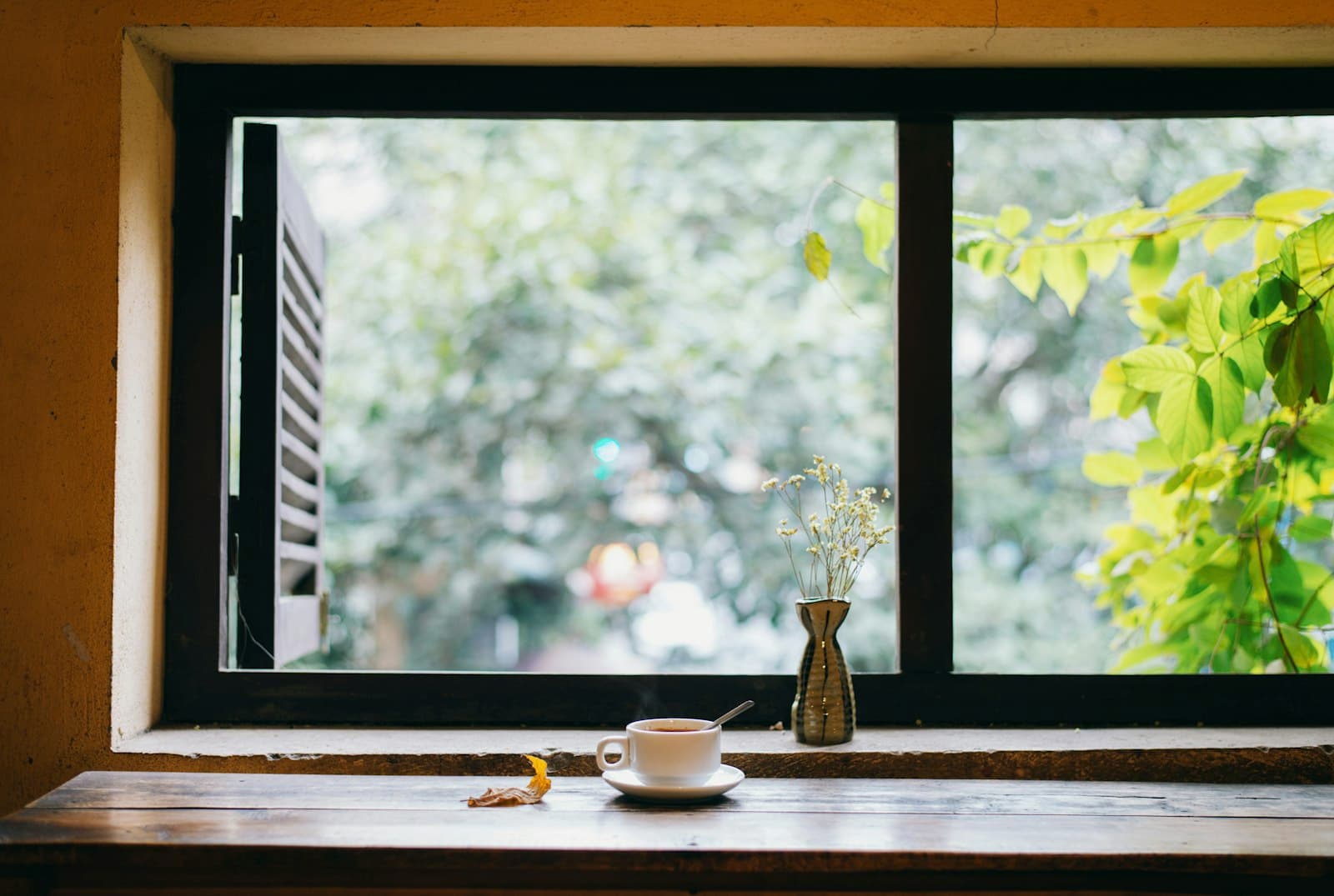 Una taza de té de hierbas caliente junto a una ventana, con la luz del sol de la mañana.