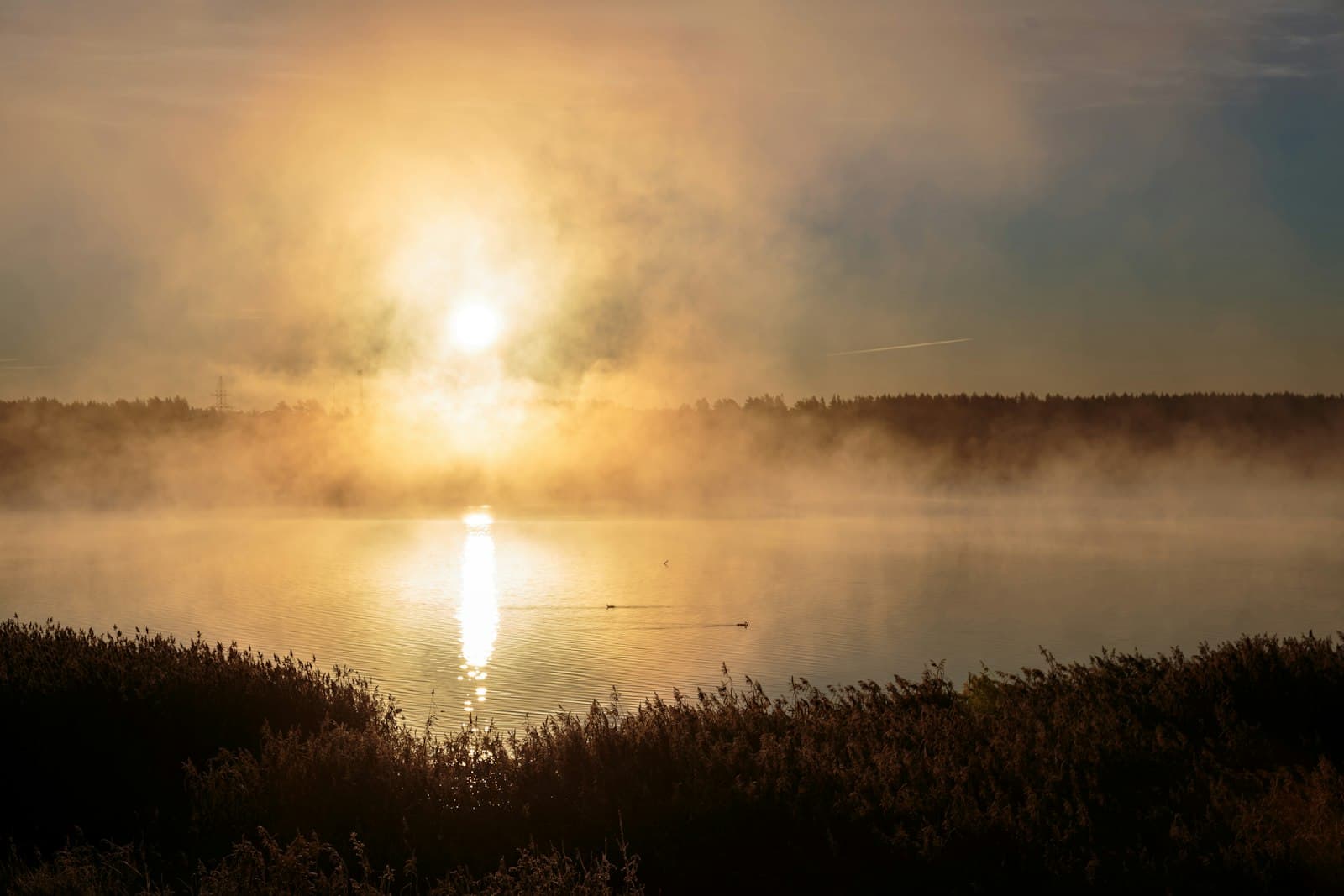 Lago tranquilo al amanecer, con niebla sobre el agua y montañas al fondo