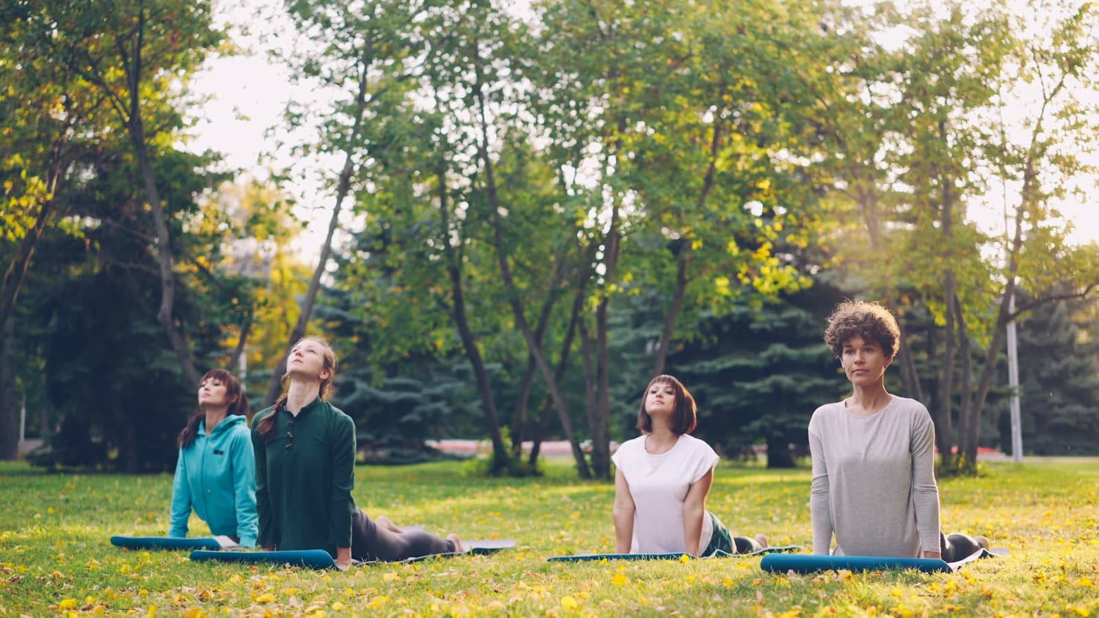 Varias personas practicando yoga al aire libre durante el atardecer