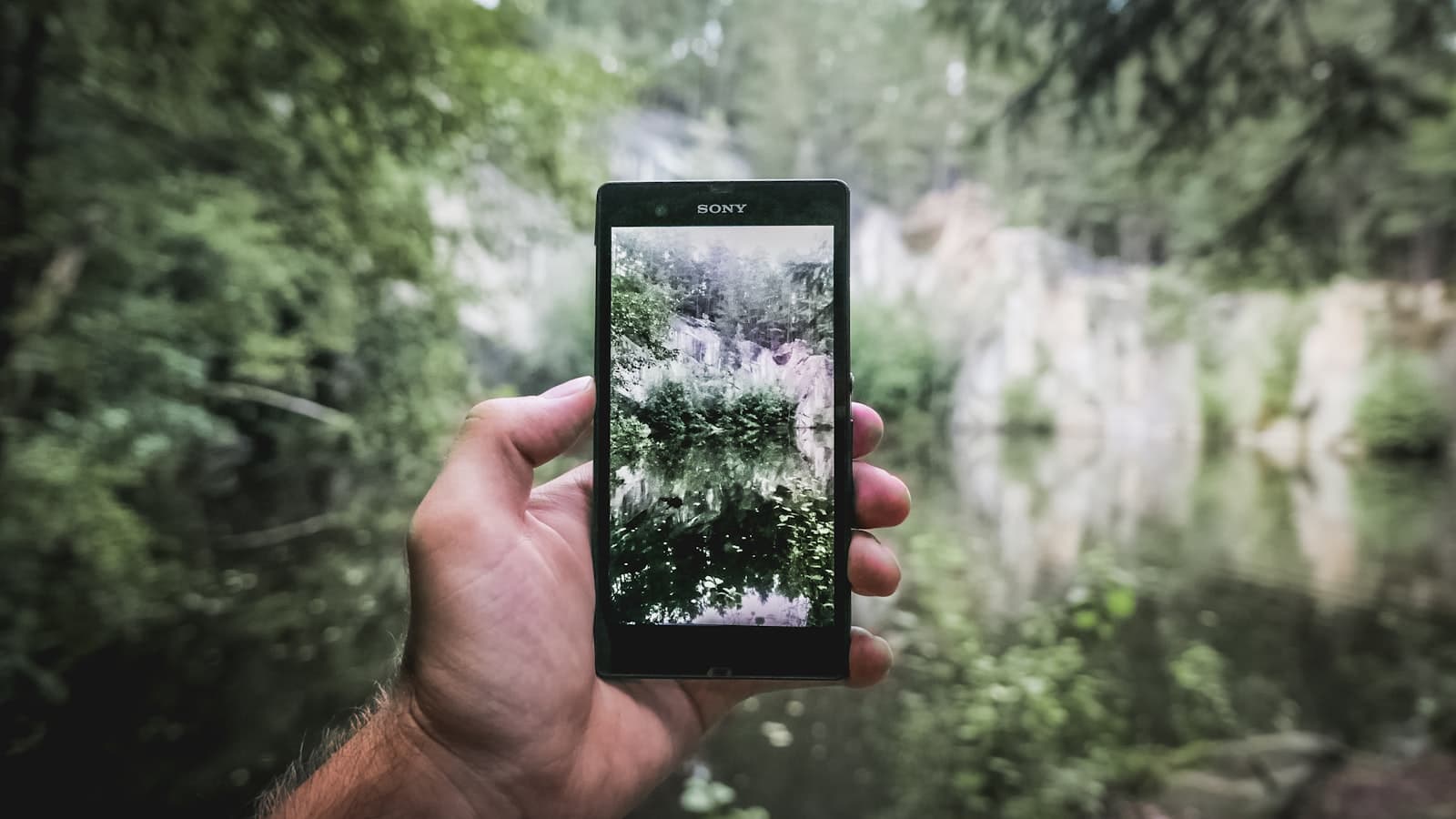 Mano sosteniendo un smartphone con un paisaje natural desenfocado al fondo, simbolizando la distracción
