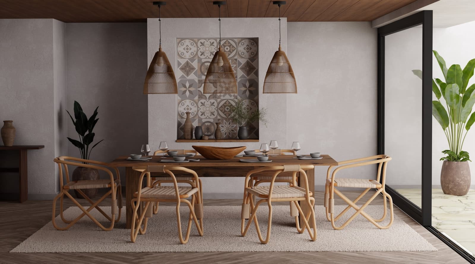 Un rincón acogedor con plantas de interior, elementos de madera y textiles naturales.