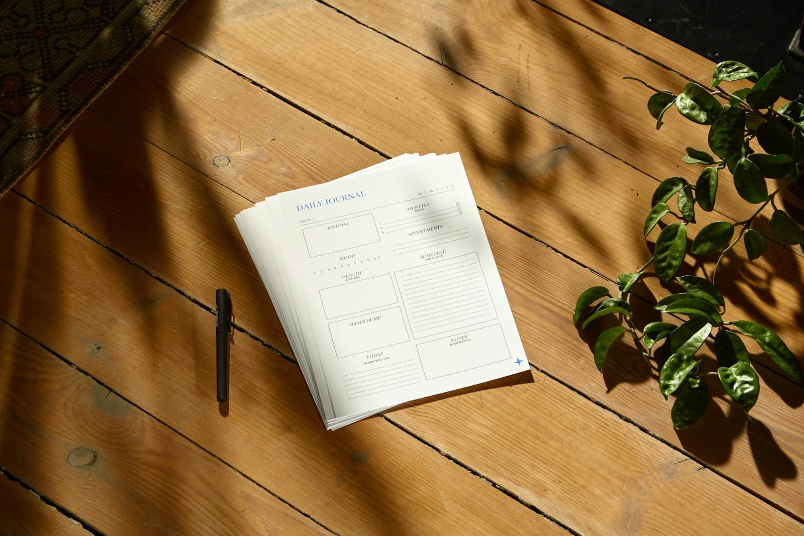 Un cuaderno abierto con texto manuscrito y una pluma, luz natural